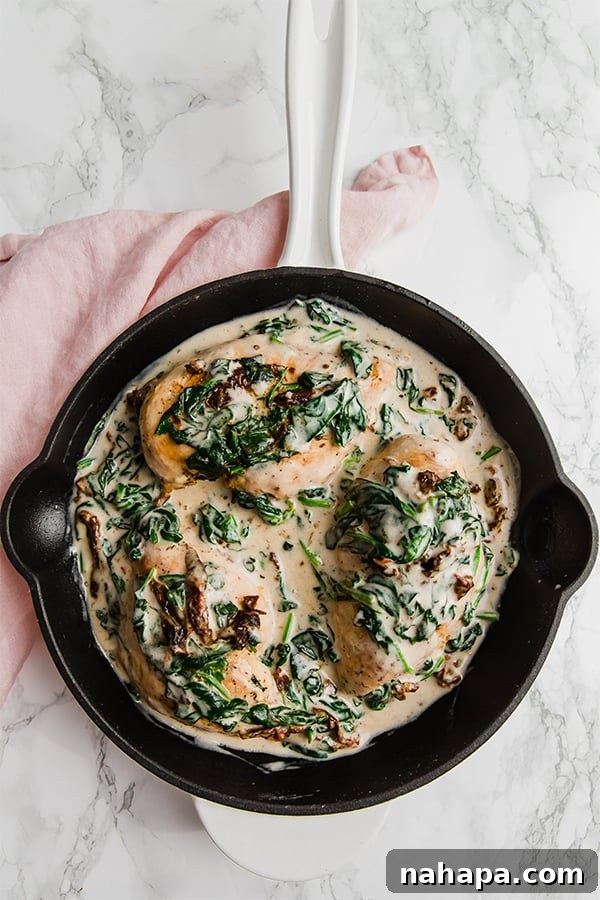 Creamy Tuscan Chicken Skillet 3 Close-up of Tuscan Chicken Skillet, showing succulent chicken pieces, vibrant spinach, and chopped sun-dried tomatoes in a creamy sauce.