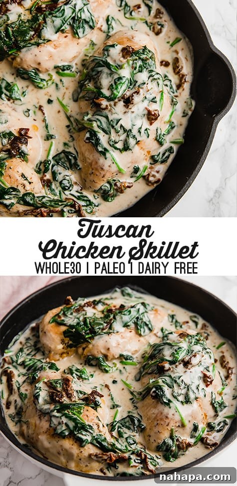 Creamy Tuscan Chicken Skillet 5 Tuscan Chicken Skillet in a rustic setting, styled for a Pinterest share, showcasing its irresistible appeal.