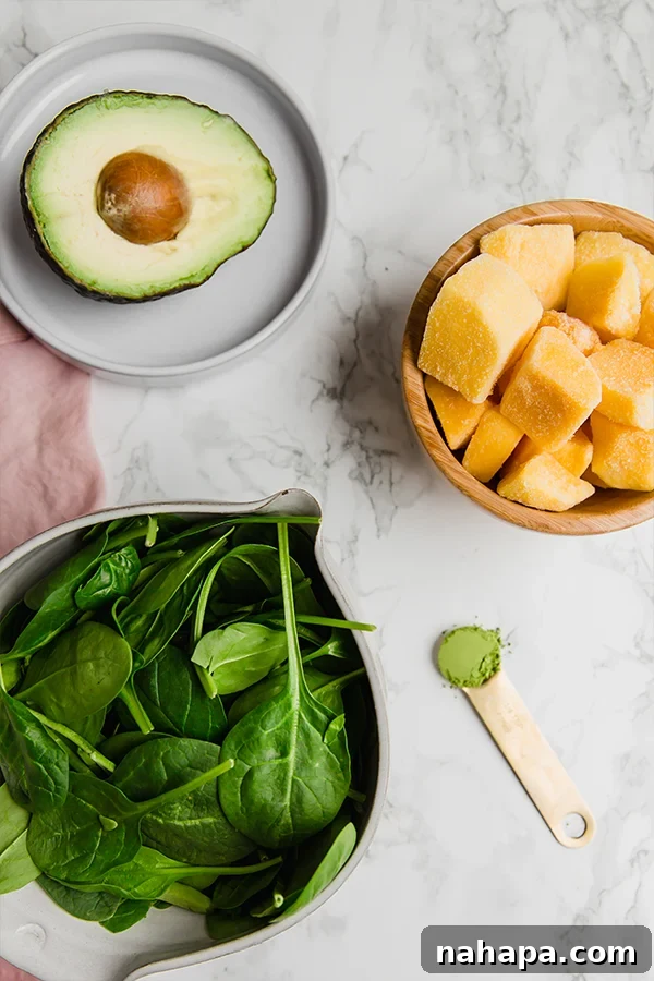 Matcha smoothie ingredients laid out