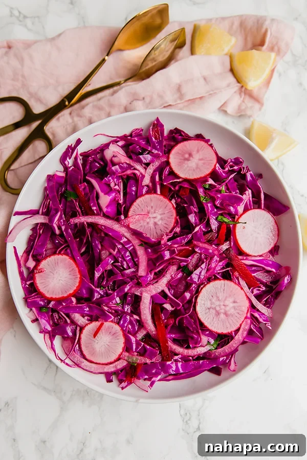 Close-up of a bowl of purple coleslaw, showcasing its fresh ingredients and vibrant color.