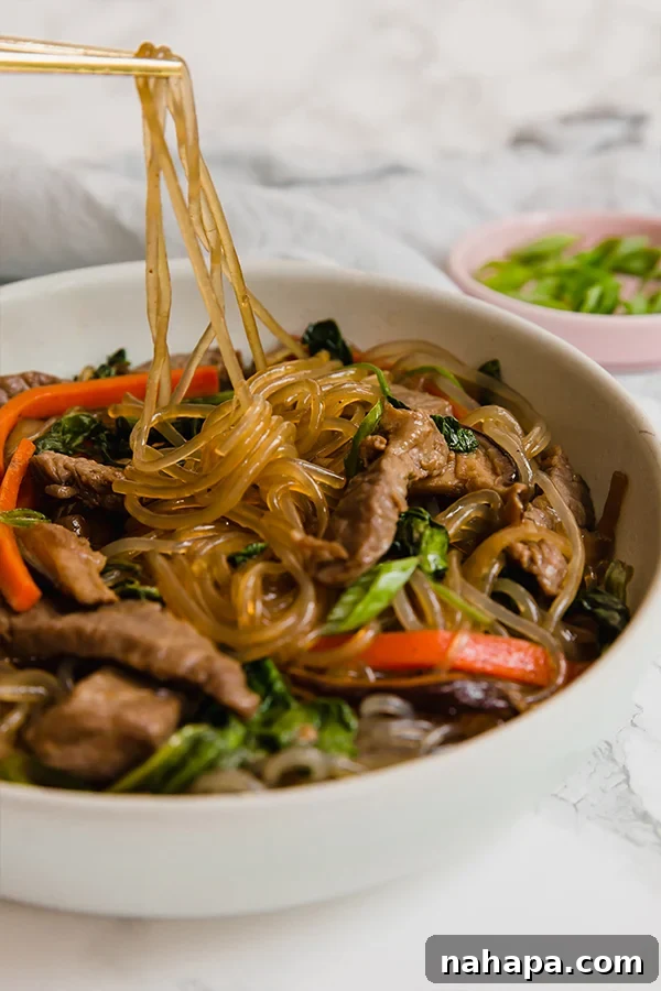 Korean Japchae made with sweet potato glass noodles, a great pantry staple.