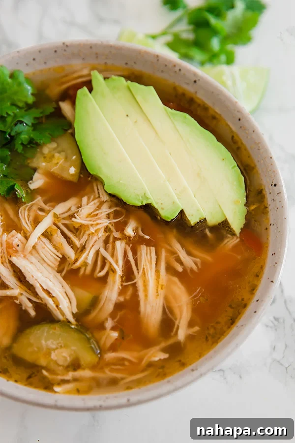 Healthy Two Week Quarantine Eating Guide and Grocery List 10 Instant Pot Chicken No-Tortilla Soup, perfect for using pantry staples.