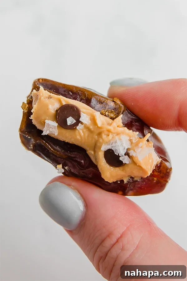 Irresistible Date Pairings 4 Close-up of stuffed dates featuring a rich almond butter filling, topped with dark chocolate chips and a sprinkle of sea salt, presented neatly.