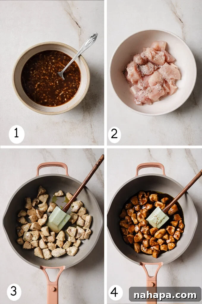 A visual guide showing step-by-step photos of the bourbon chicken cooking process, from searing the chicken to simmering it in the rich, glossy sauce.