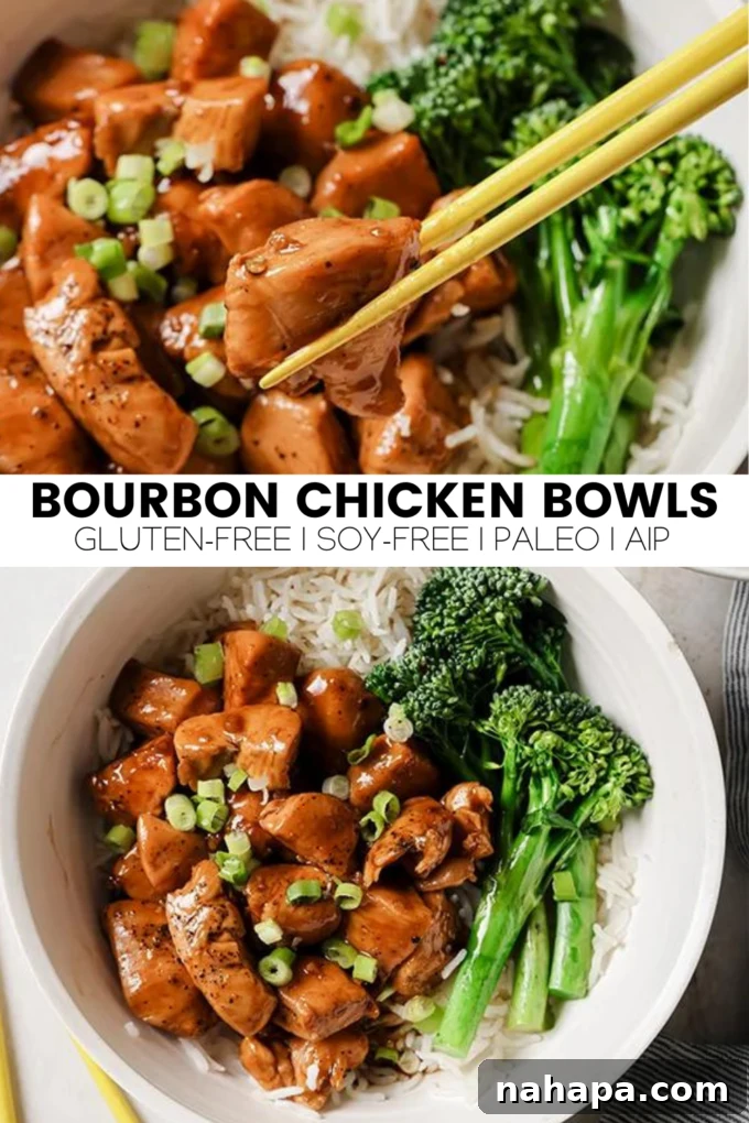 A beautifully presented bowl of healthy bourbon chicken with a generous serving of broccolini, showcasing a complete and appealing meal from a top-down perspective.