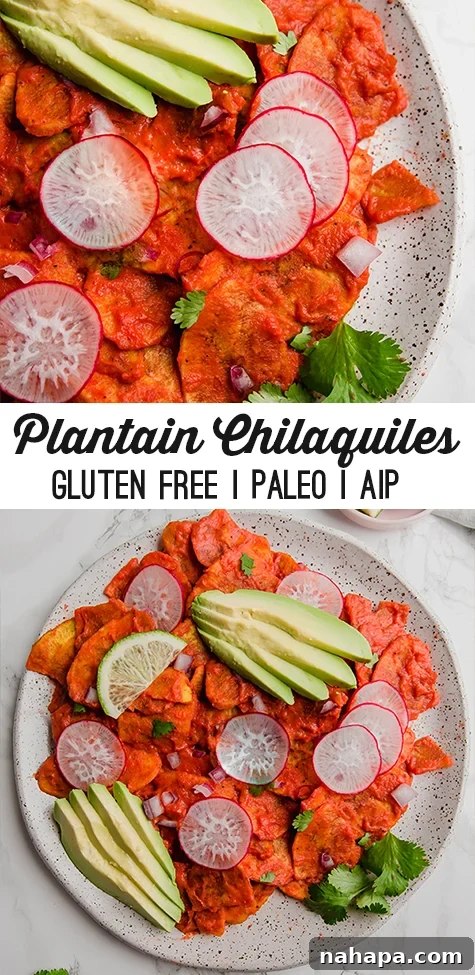 Final plated Plantain Chilaquiles with fresh herbs and avocado, ready to be enjoyed.