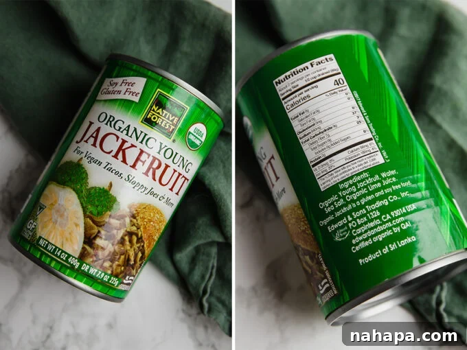Smoky Pulled Jackfruit 4 A can of Native Forest young green jackfruit, illustrating the ideal product to use for making BBQ jackfruit.