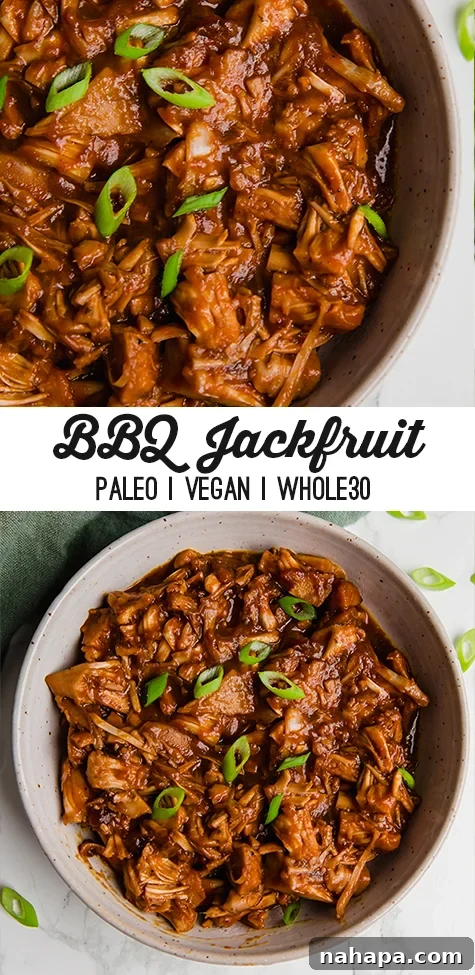 Smoky Pulled Jackfruit 7 A Pinterest-friendly graphic for BBQ jackfruit, featuring an image of the dish with text overlay promoting the recipe as a plant-based pulled pork alternative.
