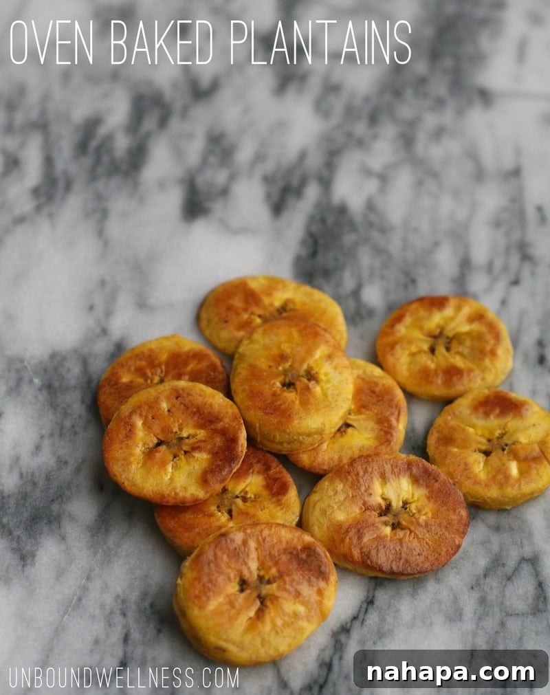 Autoimmune-Friendly Oven Baked Plantains 4 Golden brown oven-baked plantains displayed on a baking sheet, ready to serve.