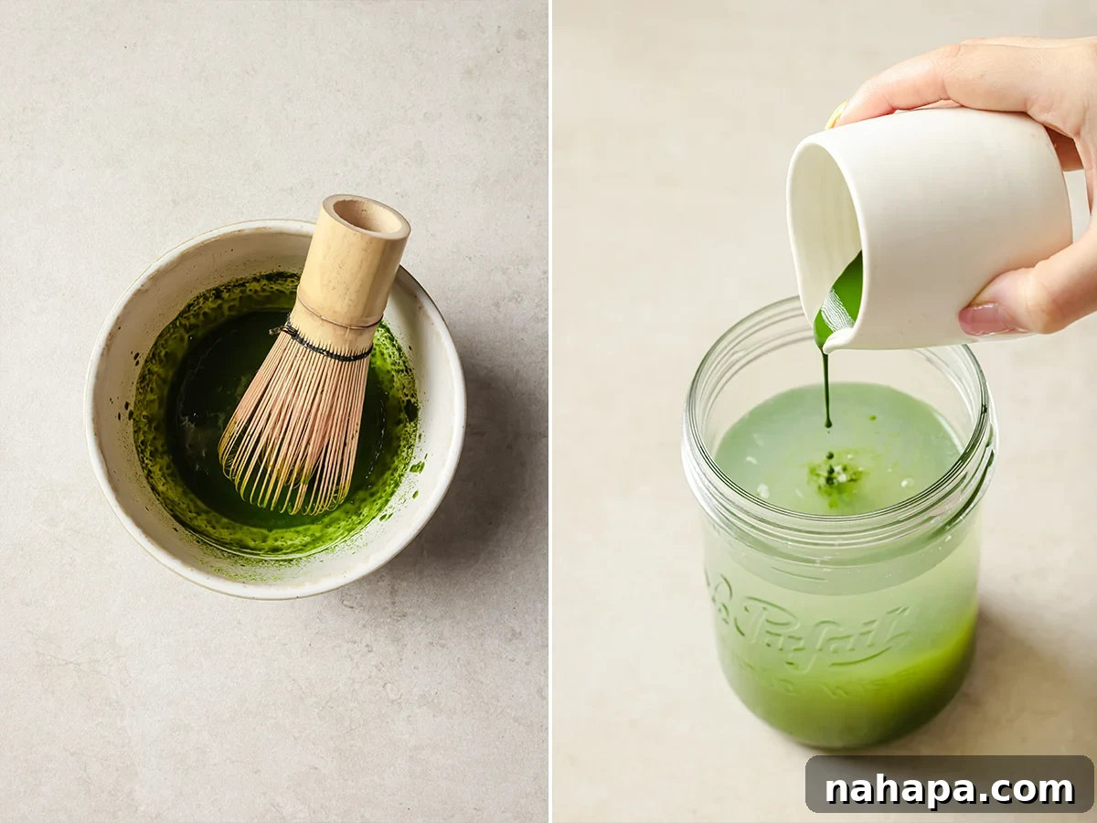 Vibrant Matcha Lemonade 4 Matcha lemonade being poured into an iced glass with lemon slices