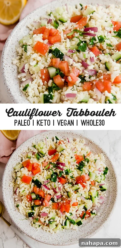 A vibrant cauliflower tabbouleh salad, perfectly styled for a pin image.