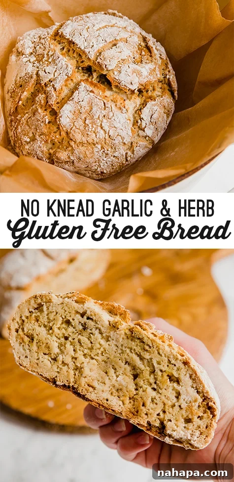 Pinterest pin graphic for no-knead gluten-free garlic herb bread recipe