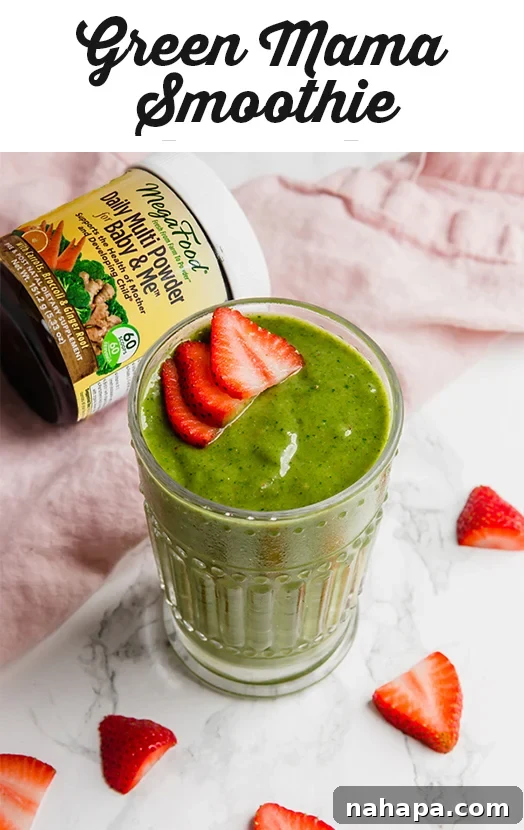 Green Mama Smoothie in a glass, with fresh ingredients in the background
