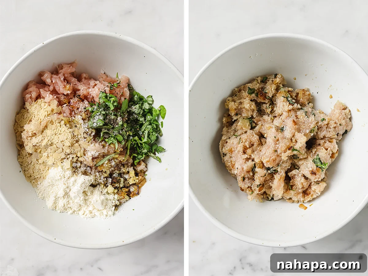 Garden Fresh Turkey Pesto Meatballs 3 Hands forming ground turkey mixture into uniform meatballs.