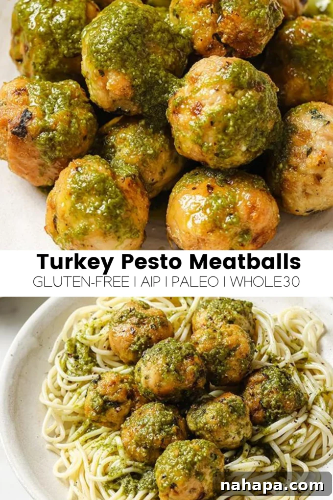 Garden Fresh Turkey Pesto Meatballs 7 Close-up of a plate filled with several delicious turkey pesto meatballs, garnished with fresh basil.