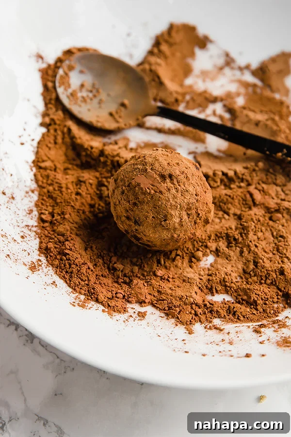 Decadent Protein-Packed Chocolate Avocado Truffles 3 Close-up of a finished Chocolate Avocado Protein Truffle coated in cocoa powder and sea salt