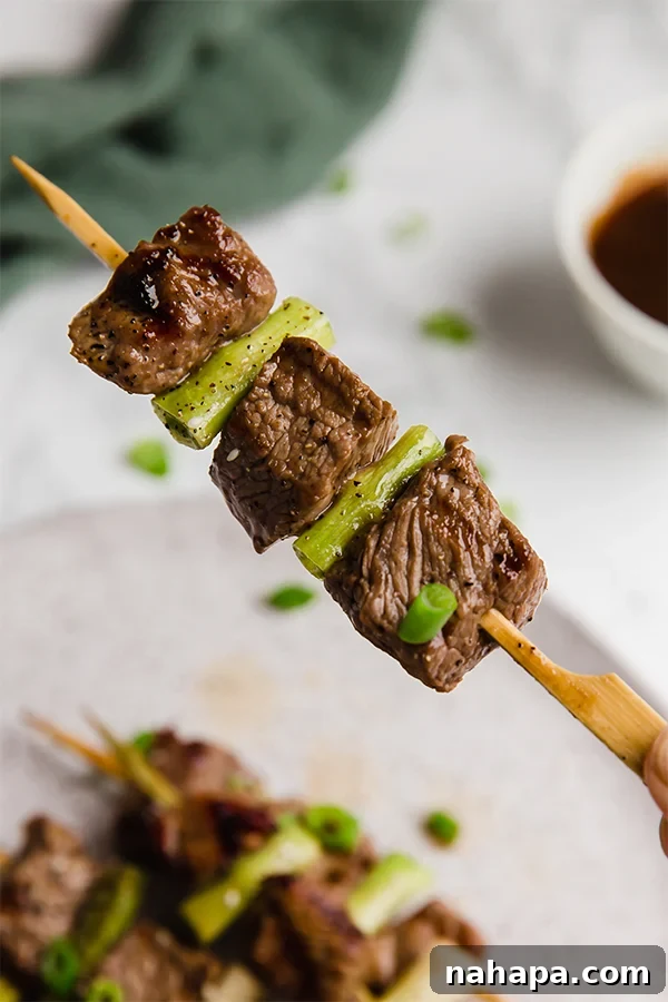 Cooked Japanese Beef Skewers with Green Onion and Sesame Seeds