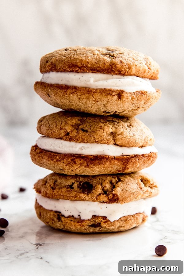 Three delicious dairy-free gluten-free ice cream sandwiches, stacked invitingly