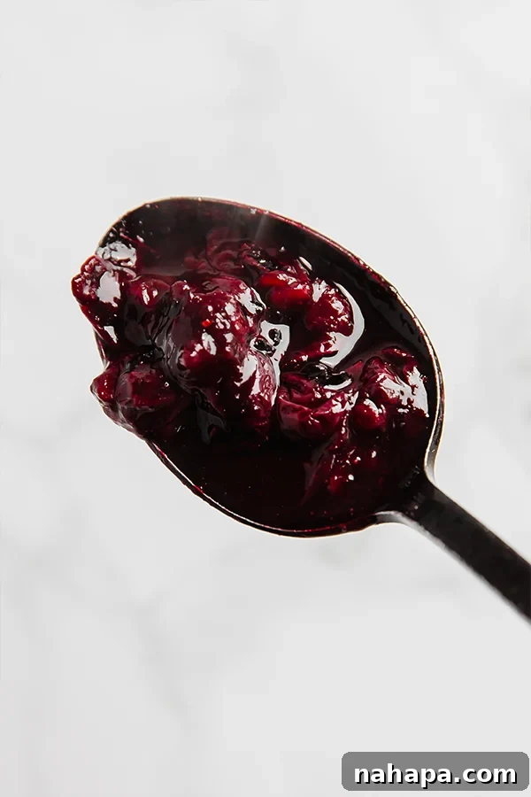 Sweet-Tart Blueberry Balsamic Chicken Thighs 3 Close-up of vibrant blueberry balsamic sauce on a spoon, showing the softened, burst blueberries.