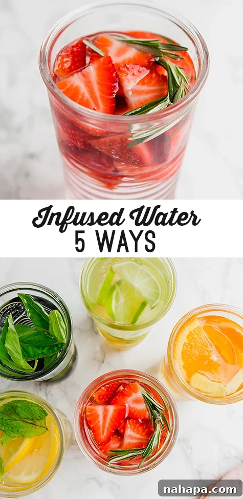 Pinterest pin graphic for infused water recipes with images of different fruit-infused water and text overlay.