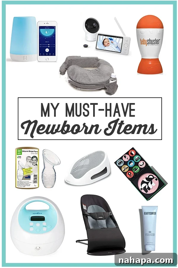 A curated selection of newborn essential items laid out, including sleep aids, feeding supplies, and travel gear.