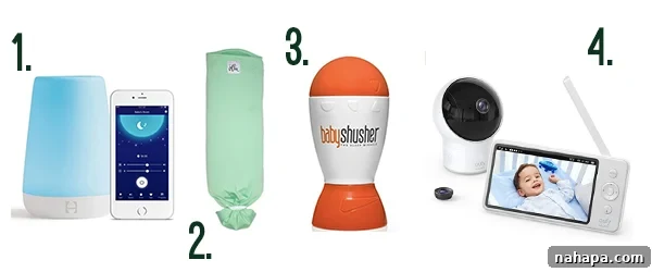 A collection of bedtime essentials for newborns, including a sound machine, swaddle, and monitor.
