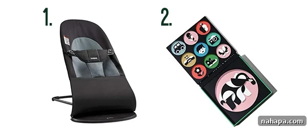 Baby bouncer and art cards, stimulating playtime essentials.
