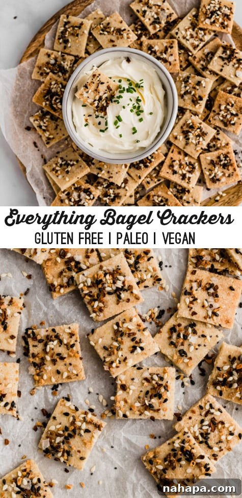 Stacked paleo everything bagel crackers with a creamy dip
