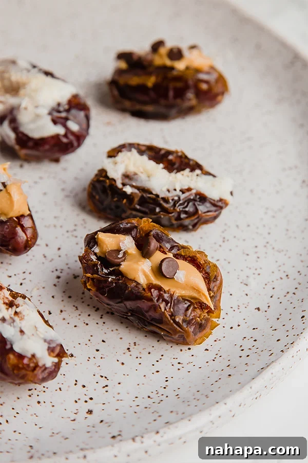 Sweet stuffed dates with various healthy fillings, a simple no-cook snack