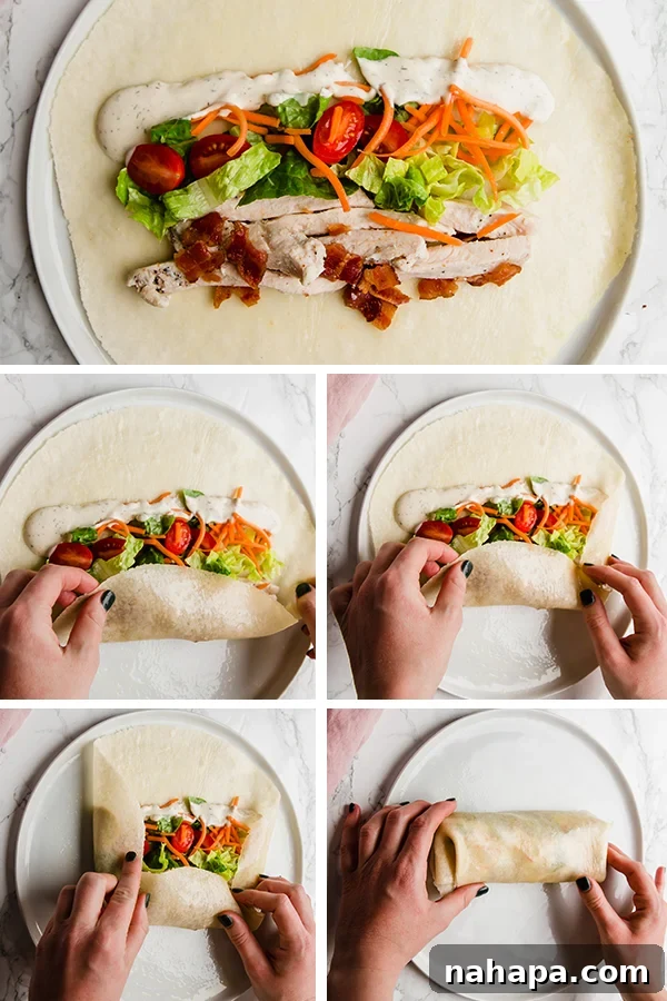 Step-by-step guide showing how to properly roll a Paleo Chicken Bacon Ranch Wrap, ensuring a tight and secure seal.