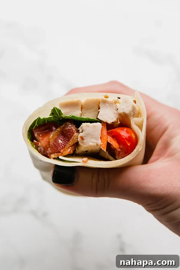 Paleo Chicken Bacon Ranch Wrap, ready to eat.