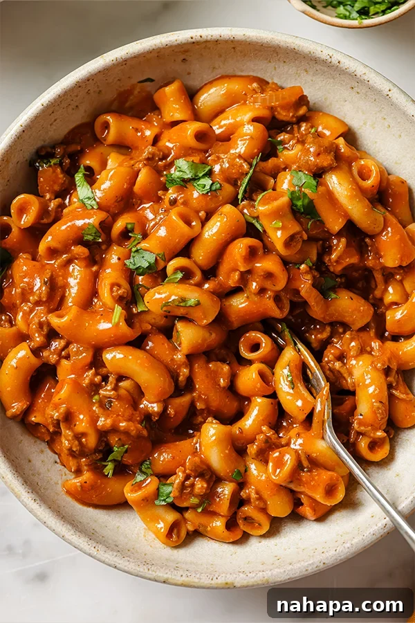 Healthy Homemade Gluten-Free Beef Pasta Skillet 2 A bowl of creamy, homemade gluten-free Hamburger Helper with ground beef, pasta, and herbs.
