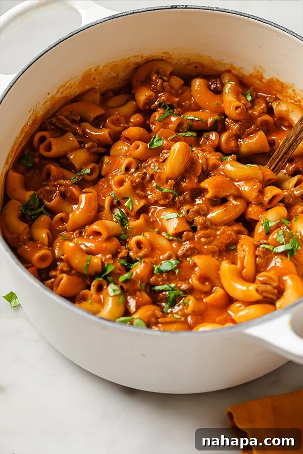 Healthy Homemade Gluten-Free Beef Pasta Skillet 5 Overhead shot of a pot of Copycat Gluten-Free Hamburger Helper, ready to be served.