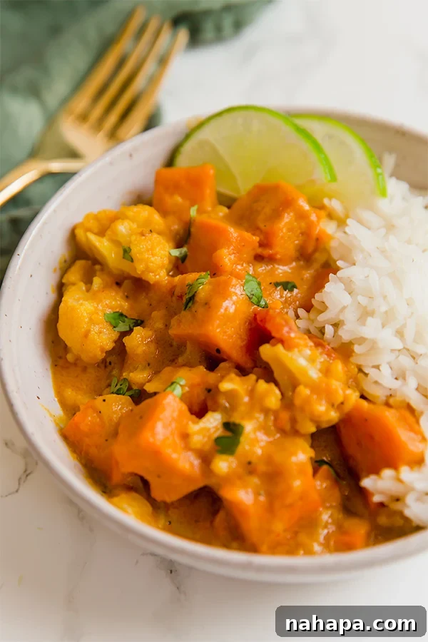 Vibrant Sweet Potato Cauliflower Curry Clean and Wholesome 2 Sweet Potato Curry with Rice, a healthy and flavorful vegan meal