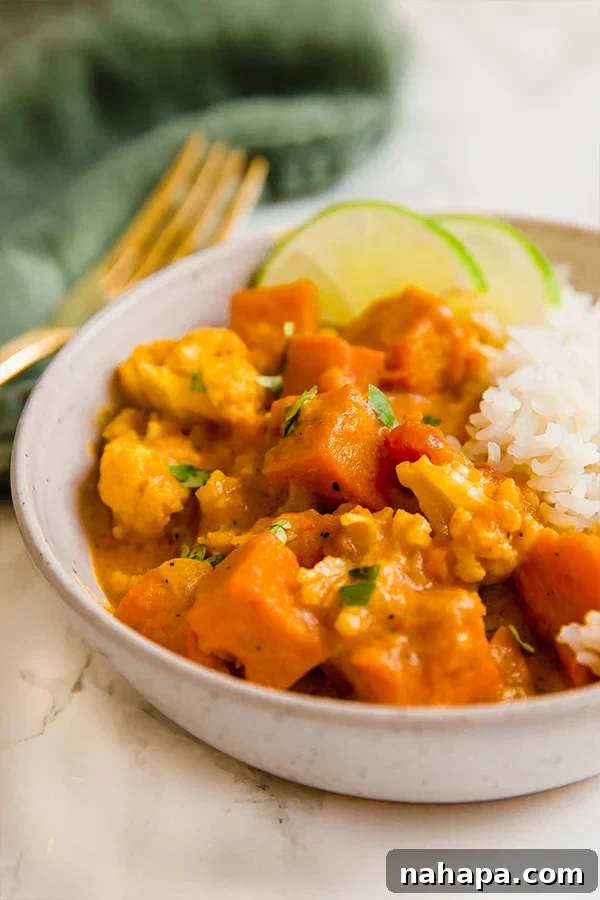 Vibrant Sweet Potato Cauliflower Curry Clean and Wholesome 4 A bowl of Sweet Potato Cauliflower Curry served with fluffy white rice
