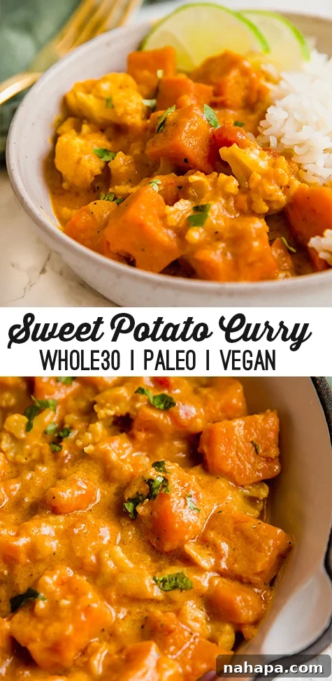 Vibrant Sweet Potato Cauliflower Curry Clean and Wholesome 5 A beautifully arranged image of Sweet Potato Cauliflower Curry, ready to be served