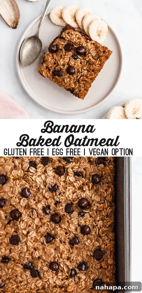 Pinterest pin graphic for chocolate banana baked oatmeal with text overlay