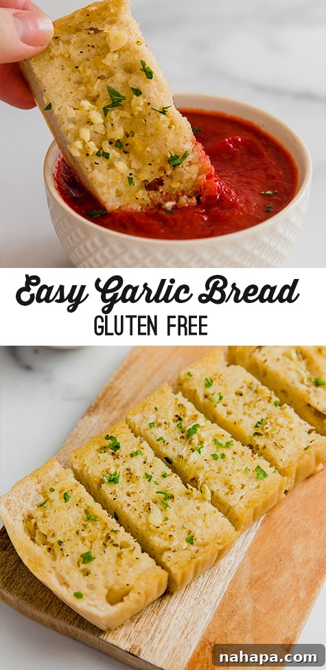 A Pinterest-optimized image featuring a collage of delicious gluten-free garlic bread photos, accompanied by text 'Gluten-Free Garlic Bread' and a call to action to save the recipe.