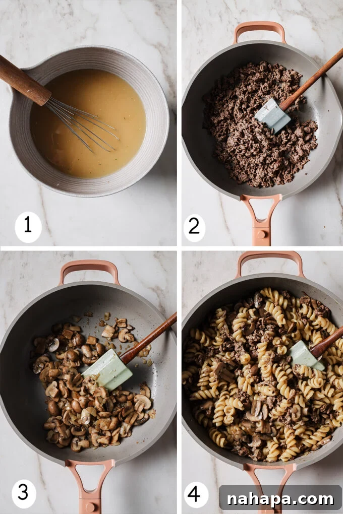 Step by step photos illustrating the process of making homemade beef stroganoff hamburger helper, from ingredients to finished dish.