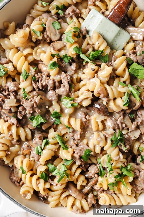 A close up photo of a pot of homemade beef stroganoff hamburger helper, showing the creamy sauce and tender ingredients.