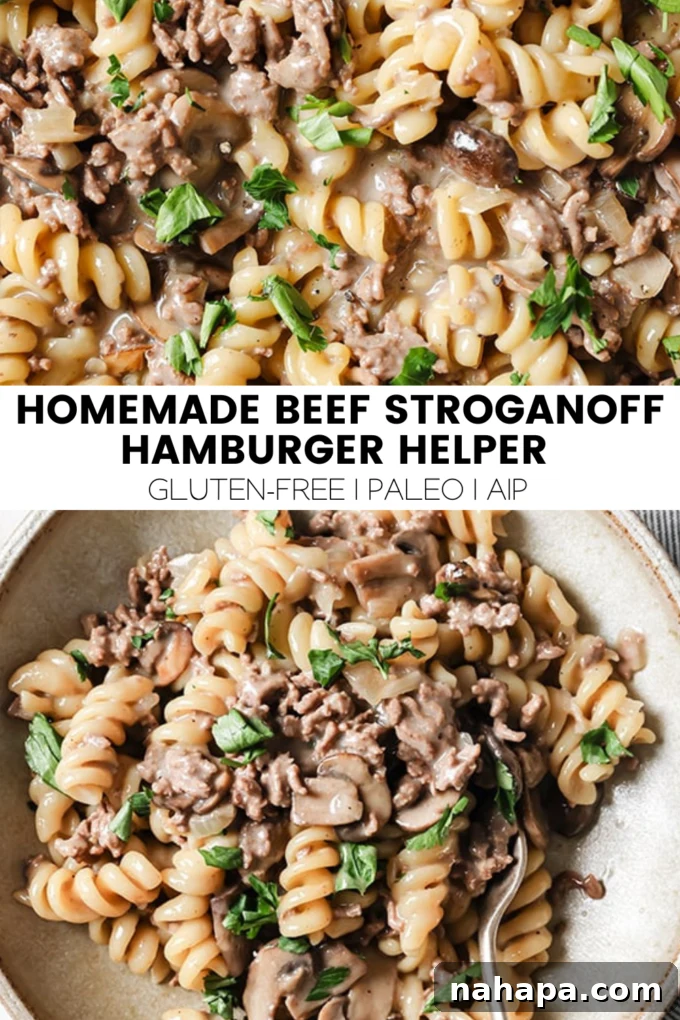 A large graphic image promoting Homemade Beef Stroganoff Hamburger Helper, with text overlay.