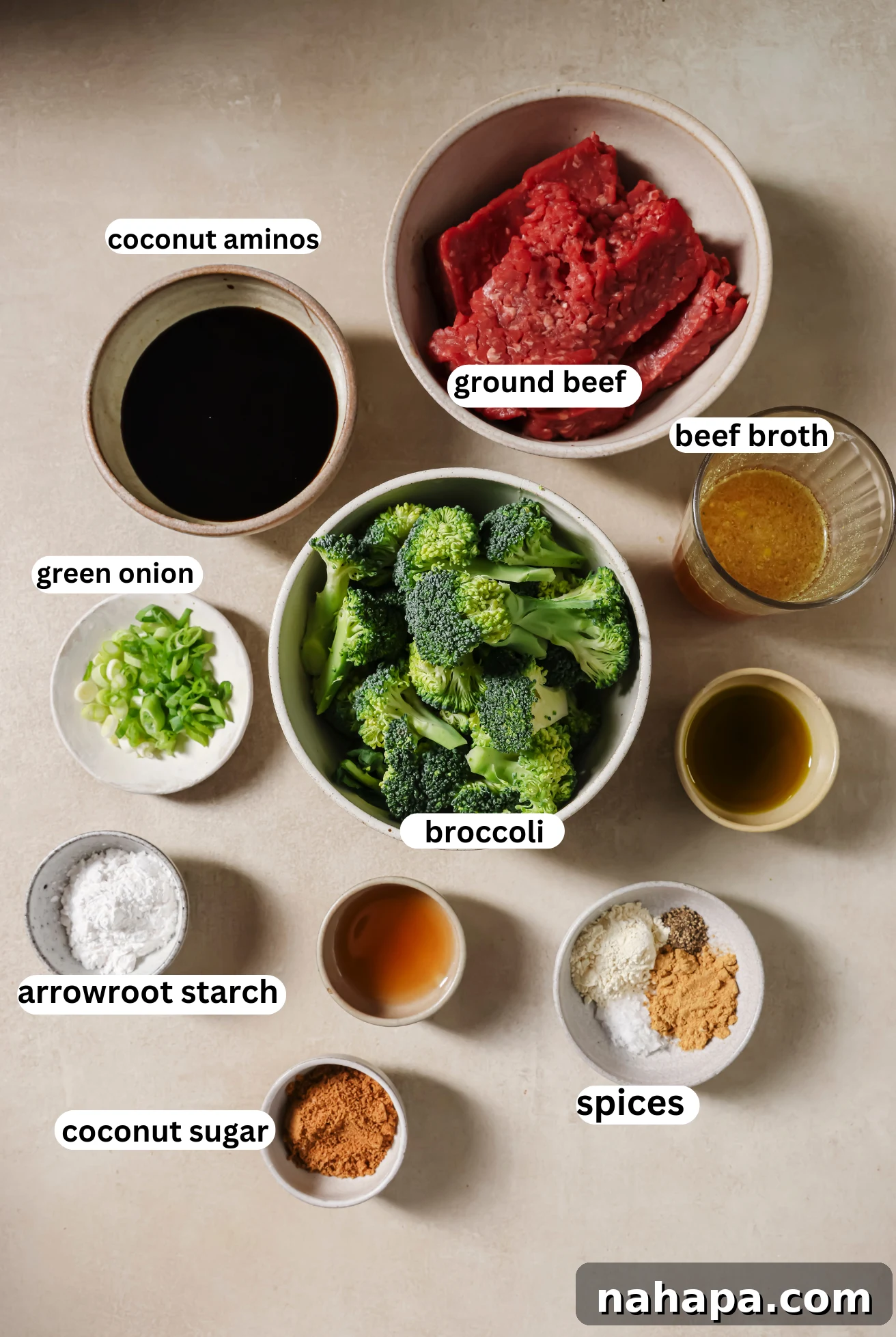 Hearty Ground Beef and Broccoli Skillet 3 Individual ingredients for ground beef and broccoli, including ground beef, broccoli florets, and various sauce components.