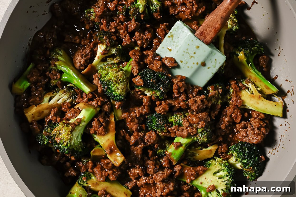 Hearty Ground Beef and Broccoli Skillet 7 Ground beef and broccoli simmering in the sauce, beautifully coated.