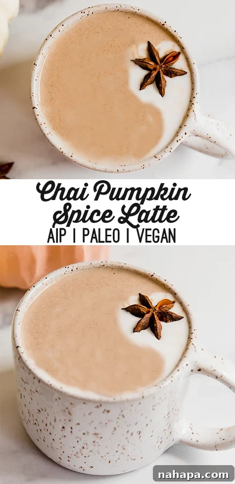 A beautifully presented Chai Pumpkin Spice Latte, highlighting its creamy texture and rich fall colors, suitable for AIP and Paleo diets.