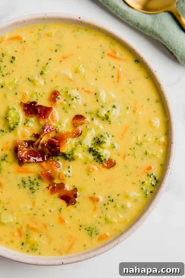 Broccoli cheese soup in a bowl with bacon 
