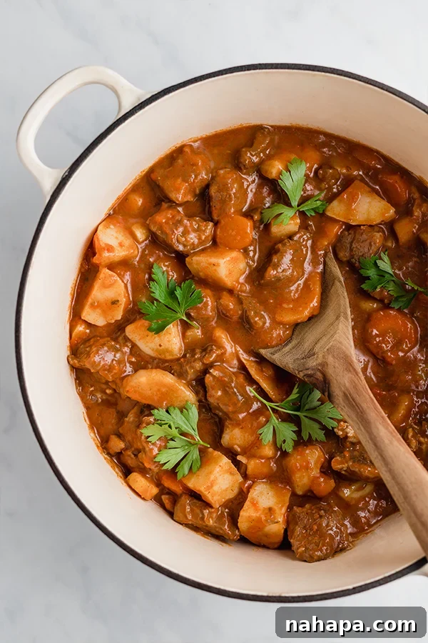 Hearty Hungarian Goulash simmering in a traditional red Dutch oven on a stovetop.