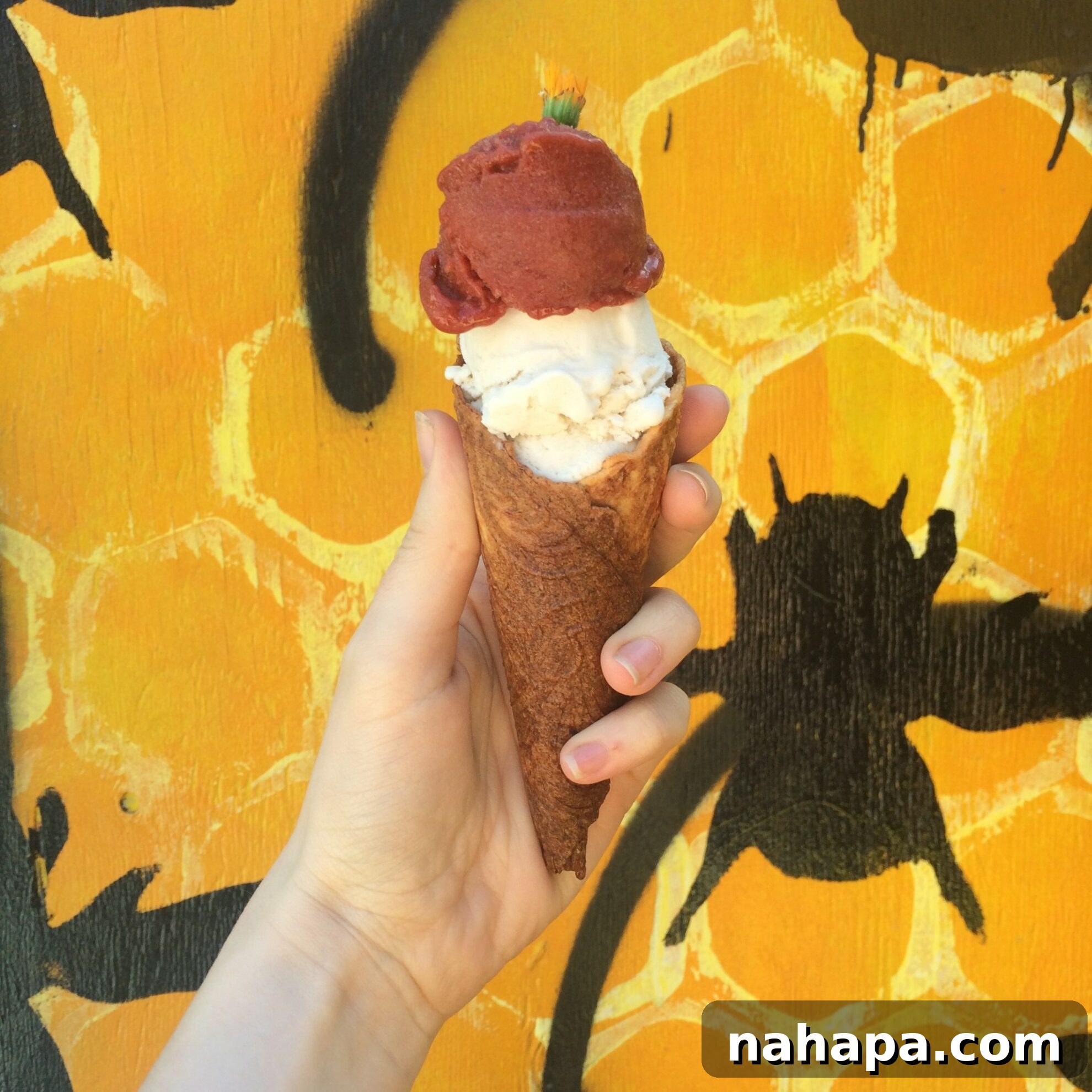 Two servings of delicious dairy-free Jones gelato in unique plantain cones, one featuring strawberry and roasted banana, the other refreshing lemon, showcasing a perfect AIP-friendly dessert option.