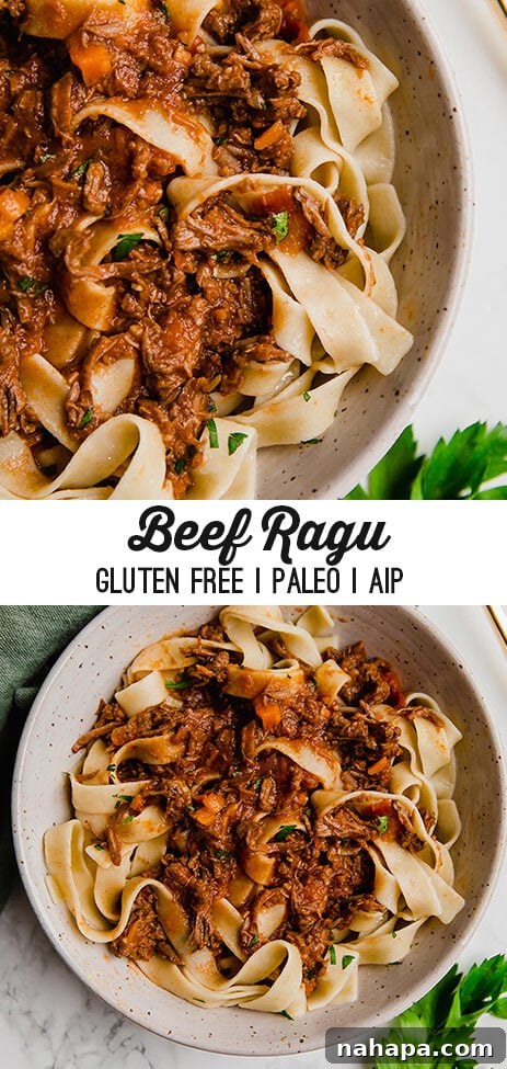 Pin graphic for slow cooker beef ragu recipe