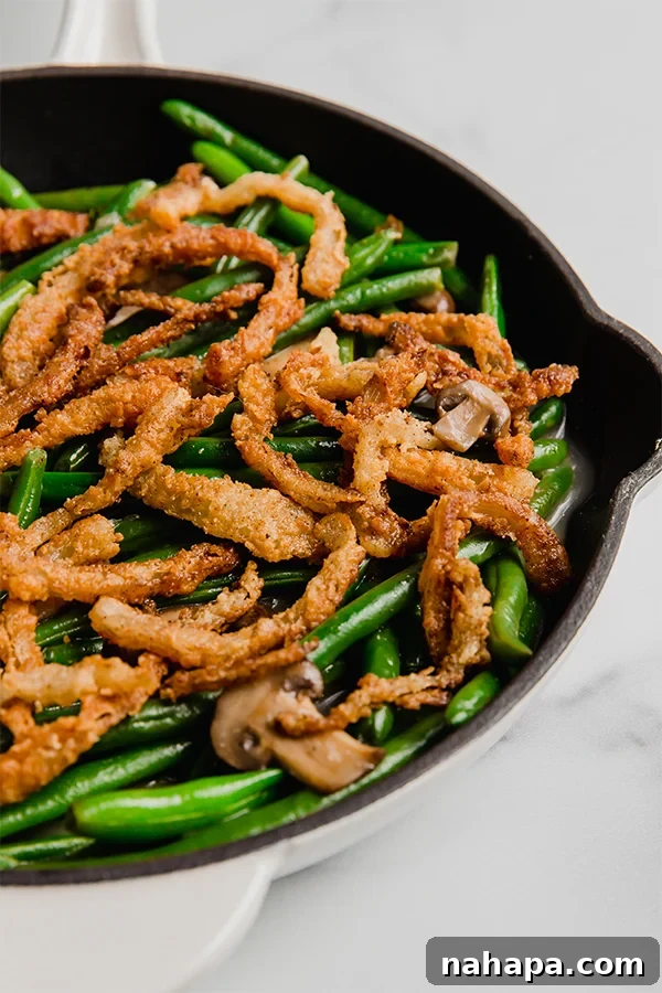 Green bean casserole in a skillet