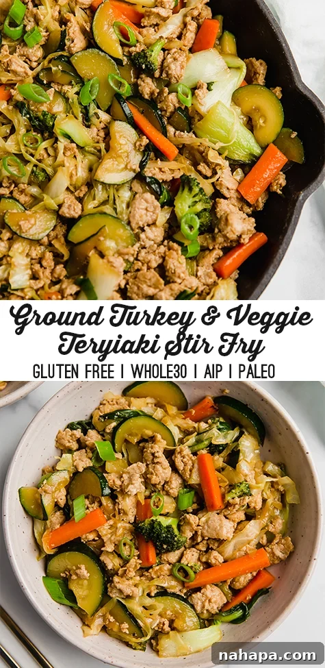 Pinterest pin for Ground Turkey and Vegetable Stir Fry, showing the finished dish.